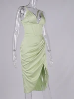 Satin Corset Dress Cut out Boned 2Layer Lining Elastic Split Deep V Midi White Dress Fall Bodycon Dresses for Women