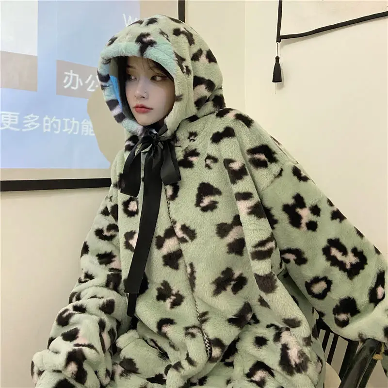 Leopard Print Hooded Women Couple Winter Kawaii Female Street Fashion Keep Warm Oversized INS 2022 New