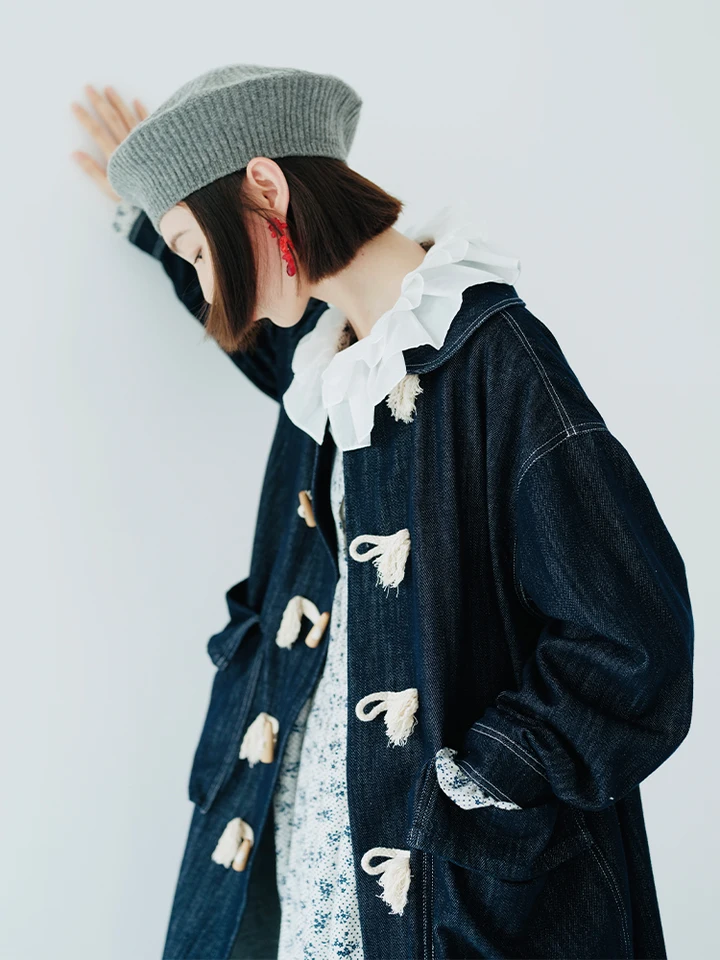 imakokoni original design long sleeve medium long denim coat