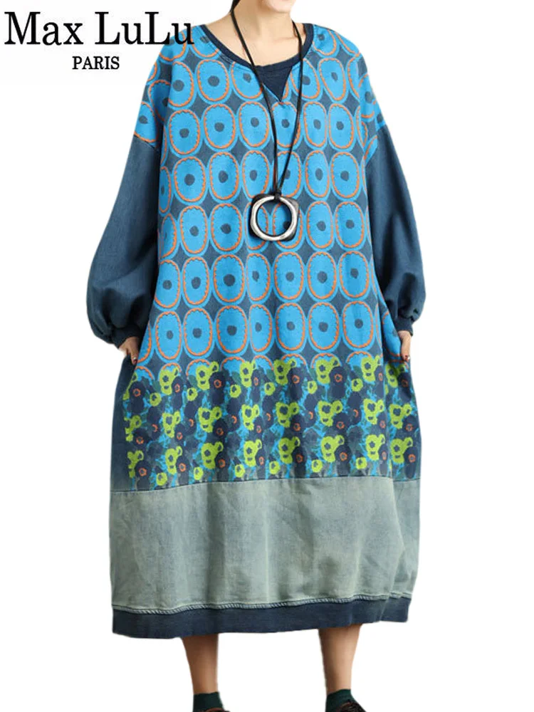 

Женское длинное джинсовое платье Max LuLu, повседневное свободное платье большого размера с принтом в винтажном стиле из хлопка, осень 2023