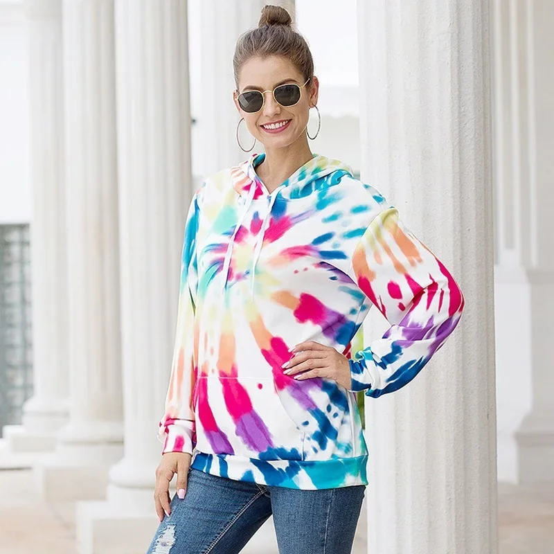 Tie-Dye Pullovers Women Multicolors Printed Draw String Sweatshirts 2024 Spring Fall Fashion Hoodies Simple Streetwear Oversized