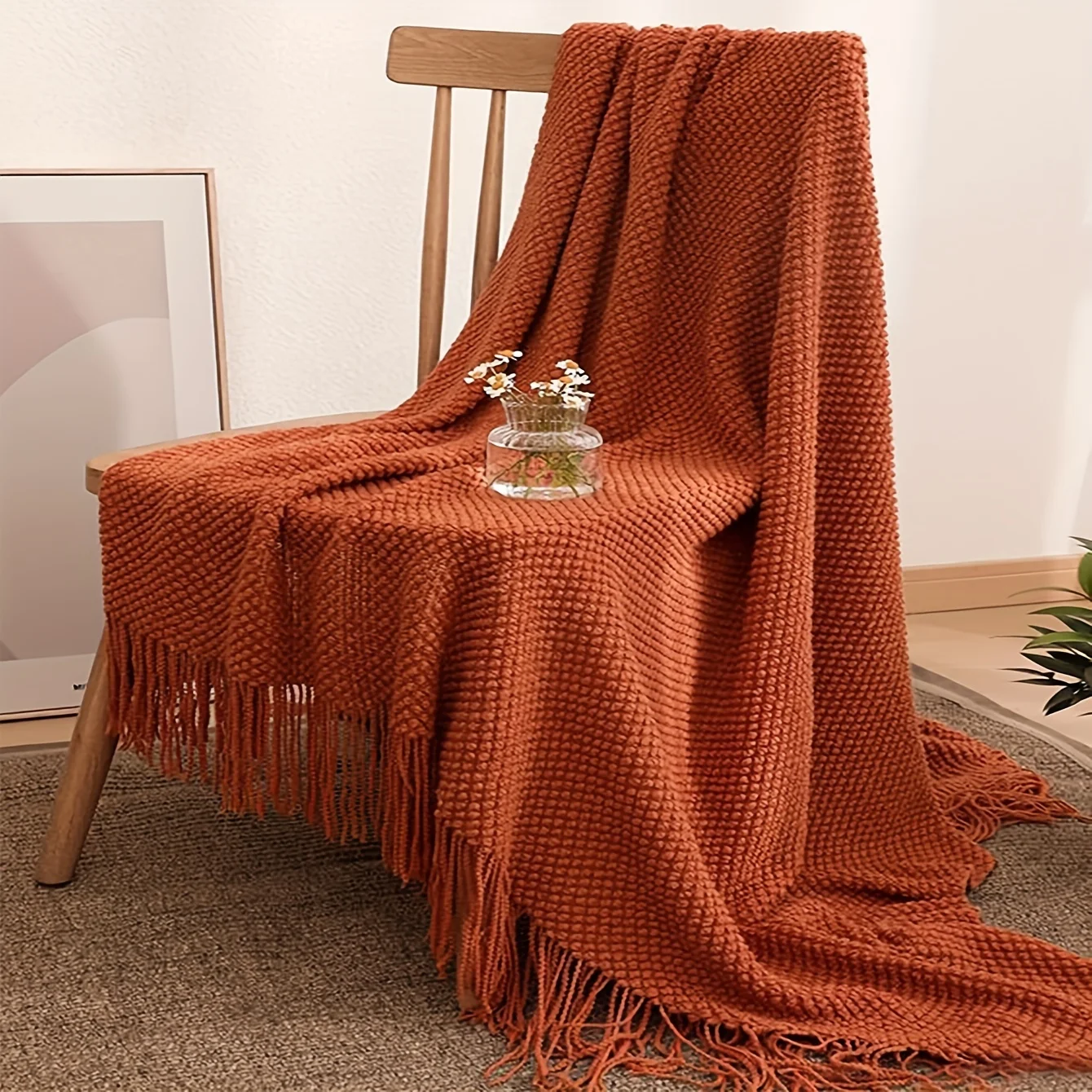 1pc Morandi Orange Tassel Knitted Blanket, Soft Warm Throw Blanket Nap Blanket for Couch Sofa Camping Travelling 3