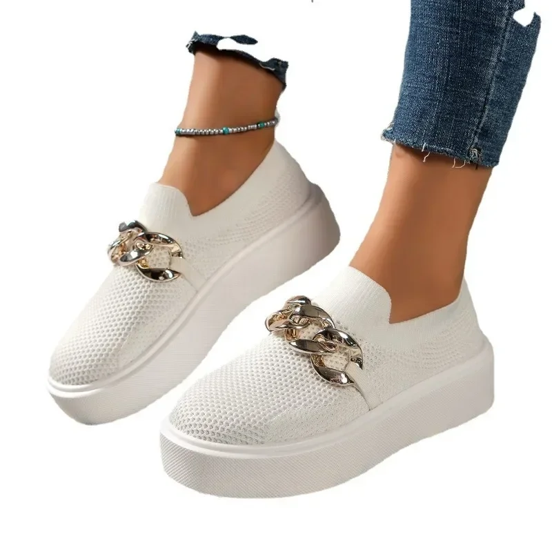 Single shoe women's spring and autumn new thick sole shallow knit mesh chain casual women's shoes for external wear