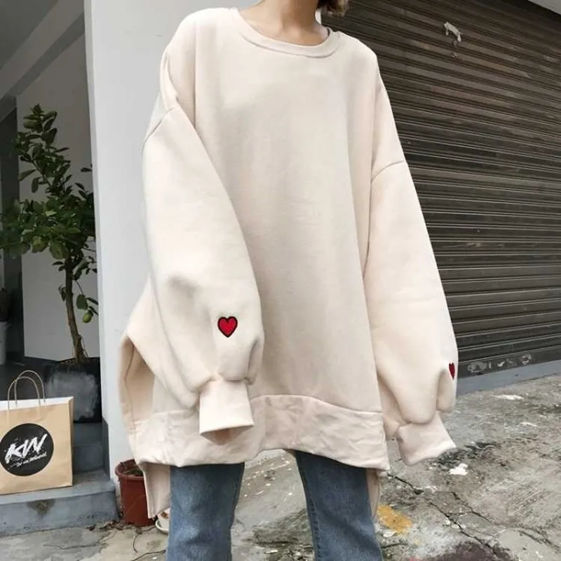 Women Oversized Sweatshirts 2023 Khaki Tops Fall Heart Print Pullover White Hoodie Long Sleeve Streetwear Drop Shipping 5XL4XL