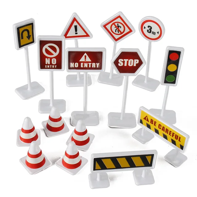 15Pcs/Set Toddler Mini Traffic Signs Model Toy Road Block Children Safety Education Kids Puzzle Traffic Toys for Boys DIY Model