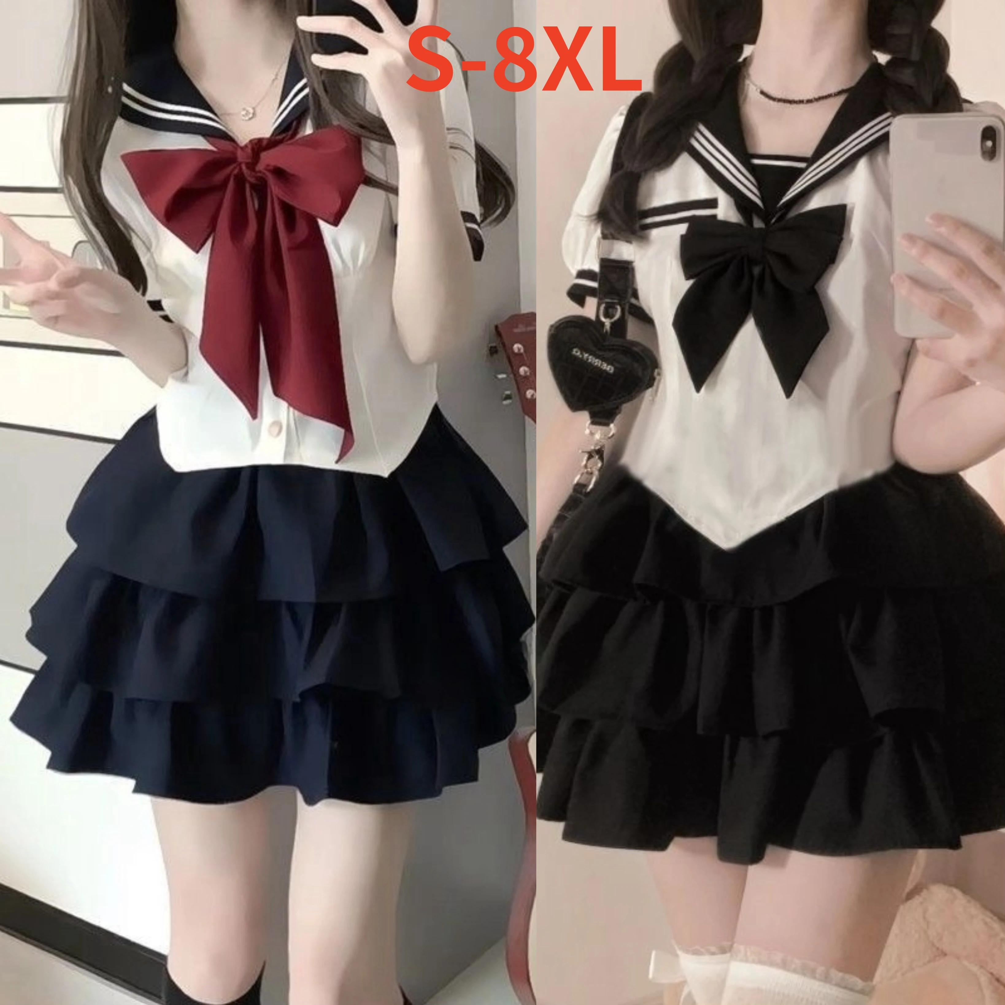 Japanese School Uniform Jk Plus Size S-8XL Sailor Uniform Korean Preppy Girl Navy Collar Bow Pommel Skirt Suit for Women japanese school uniform japanese schoolgirl skirt