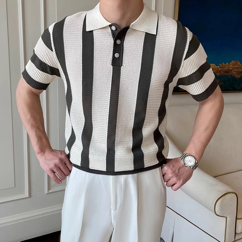 Contrast Color Striped Mens Polo Shirts Trendy Button Turn-down Collar Knit Tops Men Spring Summer Daily Casual Breathable Polos 13 Sb84e19d4f1b244d2a487829ede96061eN