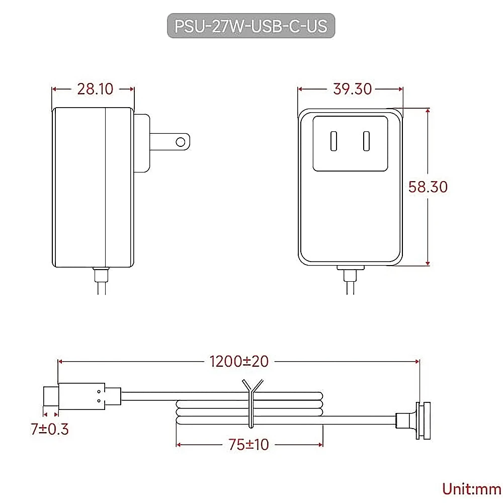 라즈베리 파이 5 용 USB C타입 전원 공급 장치, PD 전원 공급 장치, 5.1V/5A, 9V/3A, 12V/2.25A, 15V/1.8A, 27W 케이블 길이 1.2m, 18AWG