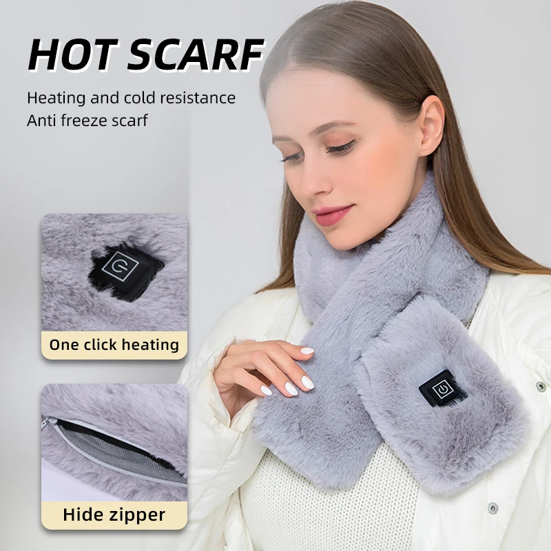 USB Soft Plush Heated Scarf for Women and Men Fashion Faux Fur Cold Resistant and Warm Winter Scarf Washable Neck Heating Scarf