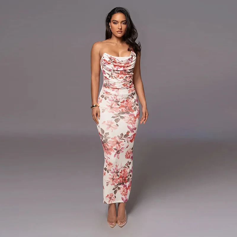 Vestido midi sexy con estampado de un solo hombro para mujer, vestido largo ajustado sin mangas con hombros descubiertos y espalda descubierta para fiesta y club.