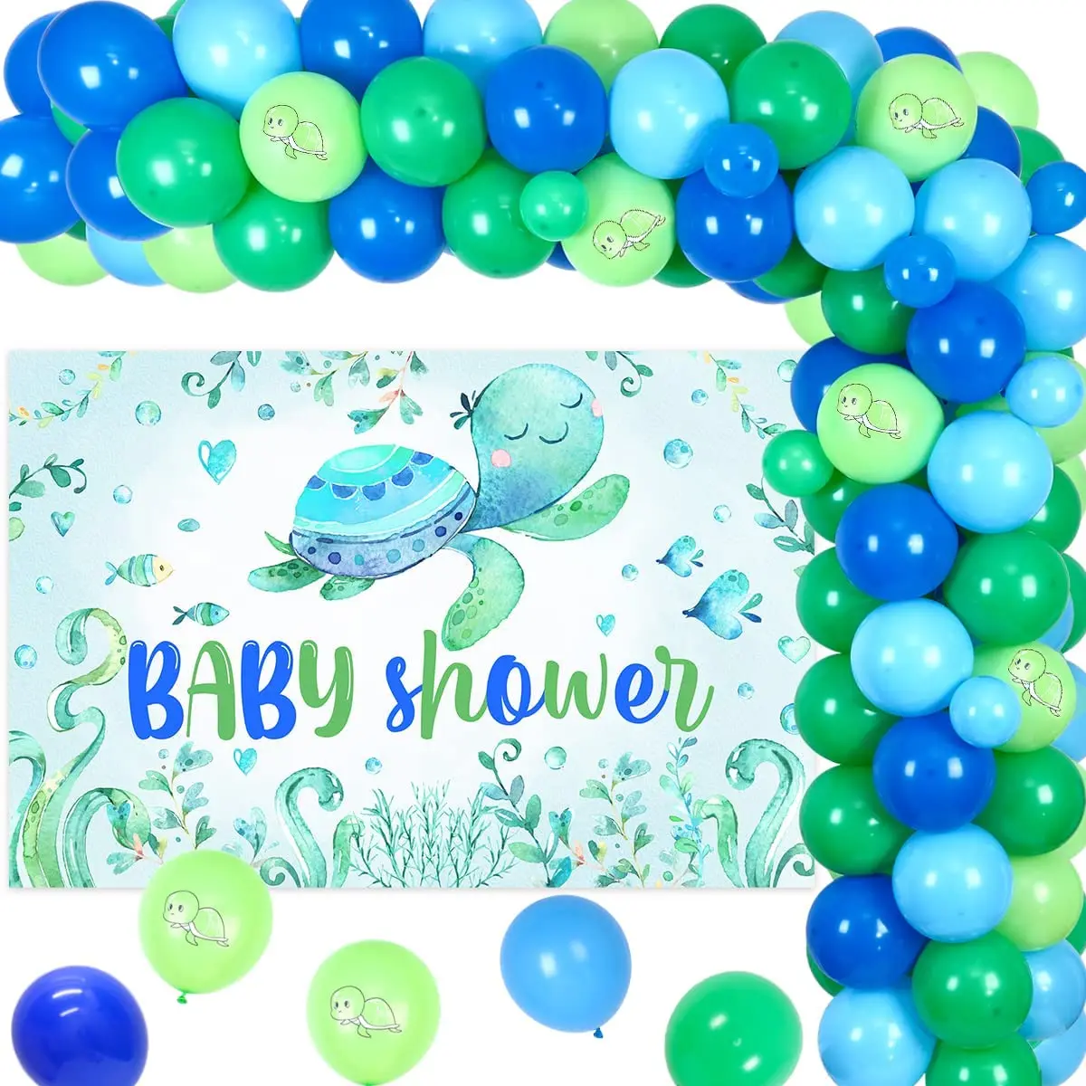 

Balloon Garland Kit with Turtle Backdrop for Baby Shower, Blue and Green Turtle, Ocean and Sea Theme, Baby Shower Party