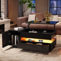 Table basse noire 95x50x40 cm avec plateau relevable, 1 tiroir, 1 armoire et éclairage LED – Table à thé brillante avec rangement dissimulé et semi-ouvert – Gain de place pour le salon – MDF robuste, montage facile – Moderne et fonctionnelle 2