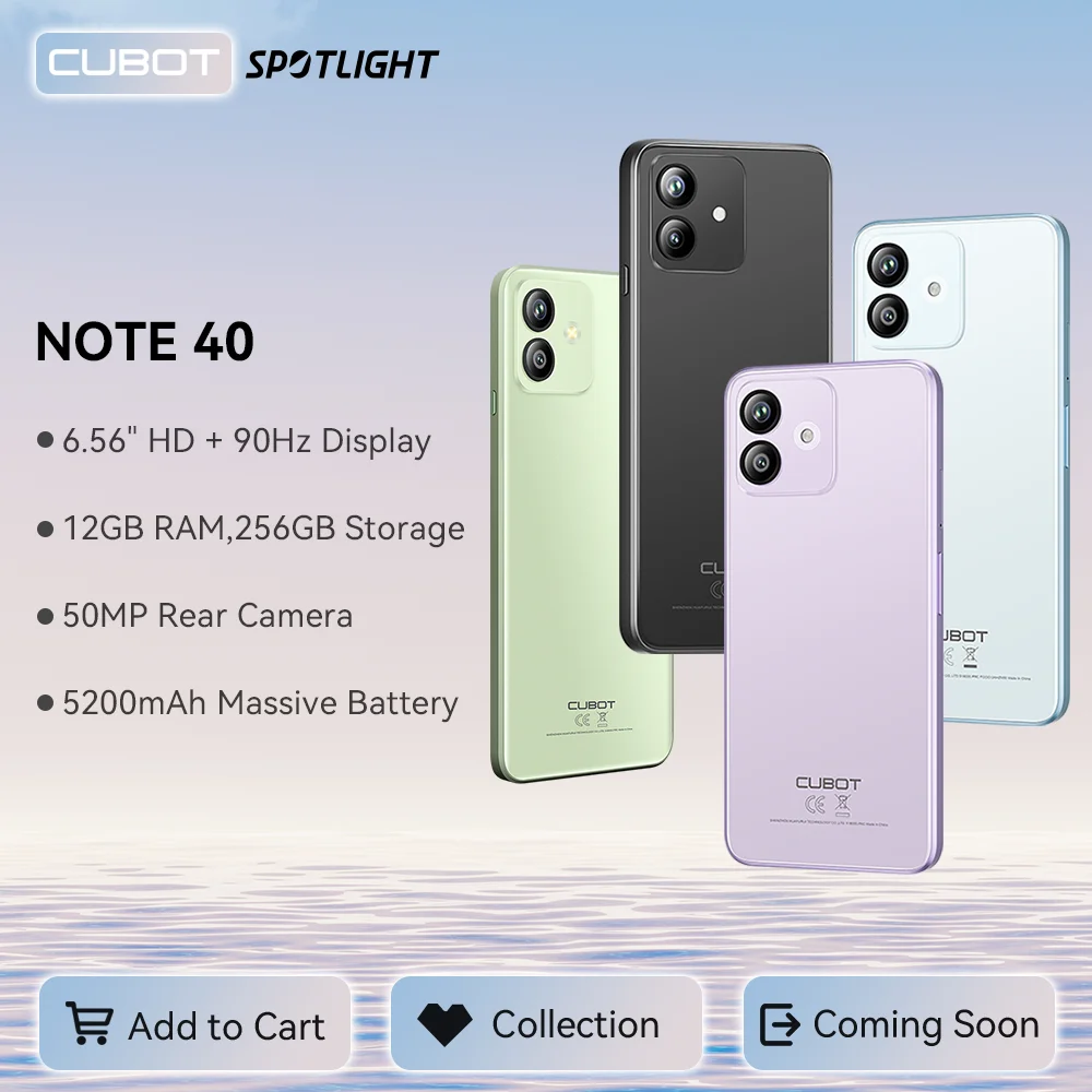  [World Premiere]Cubot Note 40 Smartphone 12GB(6GB+6GB)+256GB 50MP Main Camera 6.56" HD 90Hz Display 5200mAh Battery Face ID GPS 