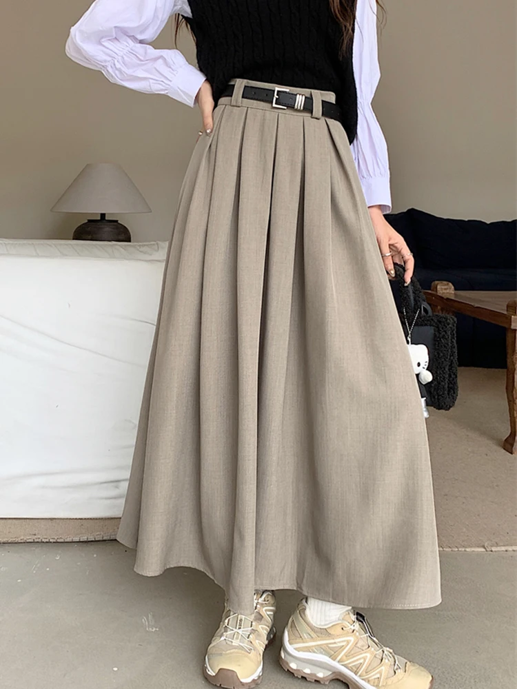 with Belt Elastic Waist Pleated Skirts Women A-Line Black