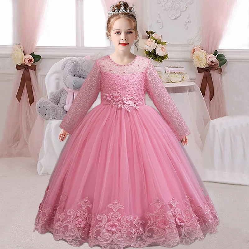 Children's Embroidered Party Evening Dress 3-12 Years Old Lace Long Sleeve White Wedding Long Princess Dress for Girls 2