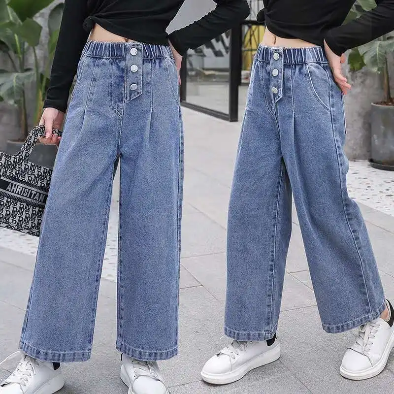 

Girls' Jeans Spring Trousers New Wide-Leg Pants Western Style Straight-Leg Pants Medium and Big Children Loose Internet Popular