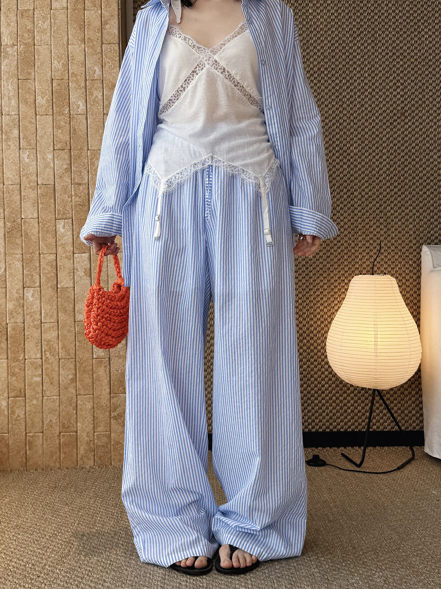 Summer Elastic Contrasting Color Drawstring Vertical Stripe Straight Leg Pants, Loose and Fresh Pants for Women