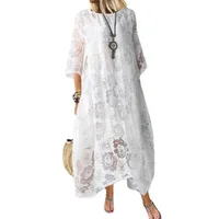Women's L-5XL Plus Size Summer Round Neck Short Sleeve Lace Long Dress Vintage Handmade Hollow Flower Dress Lace Loose Casual - Image 5