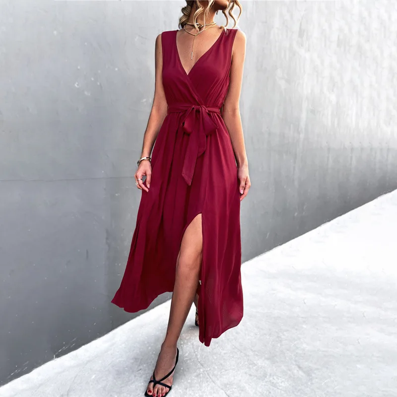 

Sexy Solid Sleeveless Hem Slit A-line Party Dress Women Summer Deep V Neck Crossover Lace-up Midi Dress Elegant Ladies Vestidos