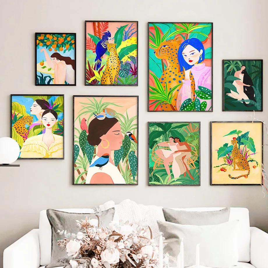 

Girl Leopard Bird Leaves Plants Abstract Wall Art Canvas Painting Nordic Posters And Prints Wall Pictures For Living Room Decor