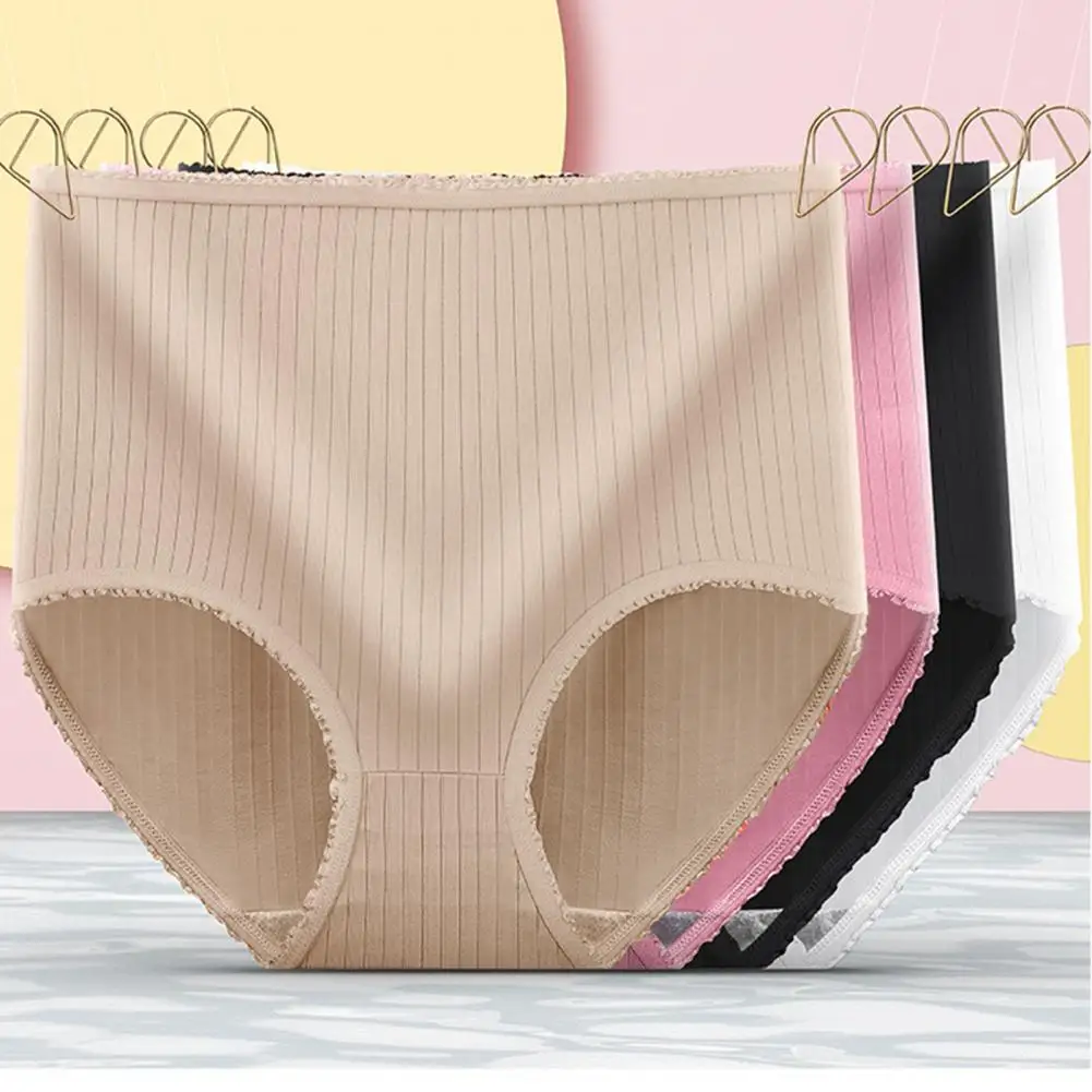 

Women's Panties Lace Trim Seamless Hip Lift Deep Crotch Underpants High Waist Solid Color Ribbed Basic Briefs Female Intimate