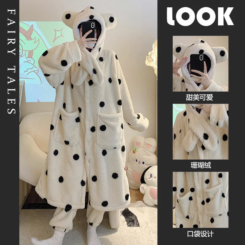 Coral Fleece  Print Nightgown Women Autumn and Winter New Fleece-lined Thickened Cute Hood Long Pajamas Home Wear Set