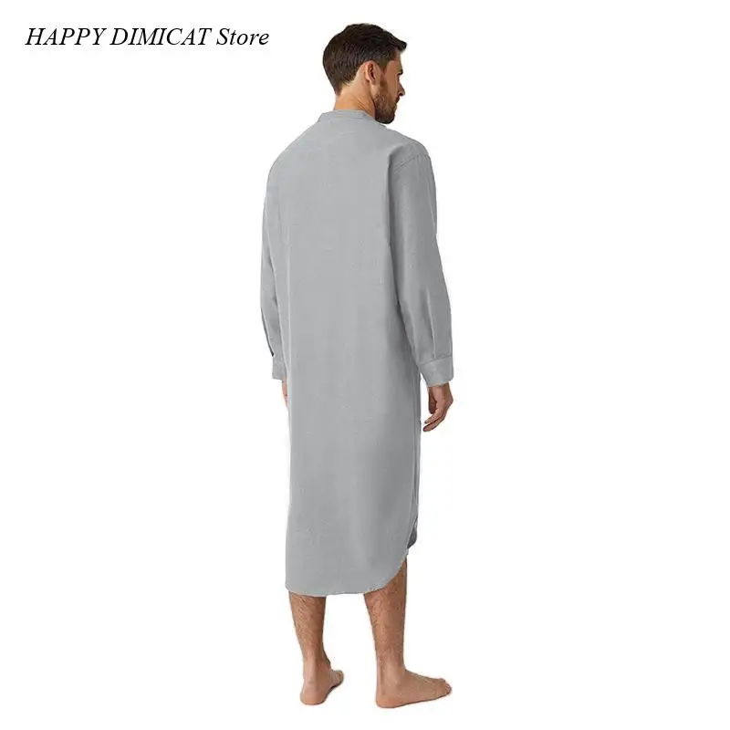 Solid Color Sleep Robe Leisure Men\'s Stand Collar Muslim Nightgown Home Wear Long Sleeve Pocket Buttons Down