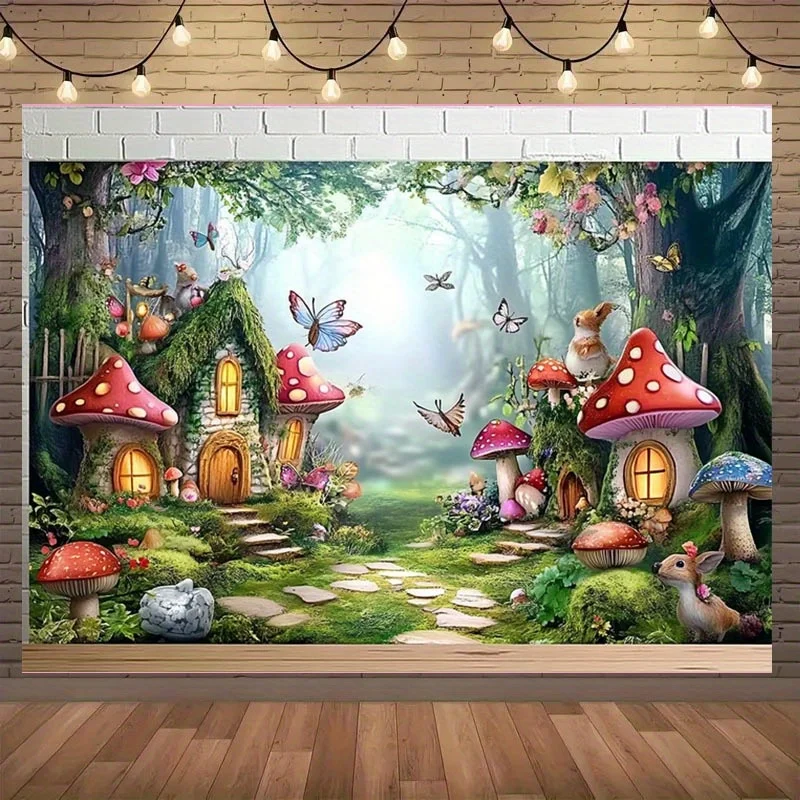 1, bezauberndes märchenhaftes Garten-Hintergrundtuch, Polyester-Banner mit buntem Pilzhaus, Schmetterlingen und Wildblumen