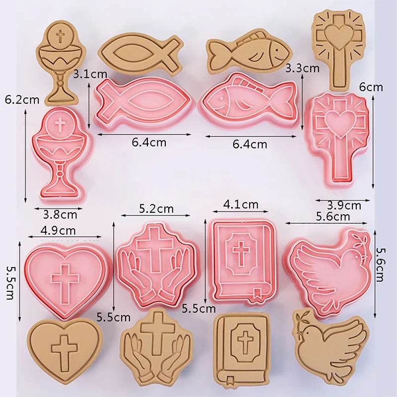Cookie Cutter 8Pcs Christian Communion Cookie Cutter Plastic 3D Cartoon Cross Love Fish Chalice Pressable Biscuit Stamps Mold Cake Decoration