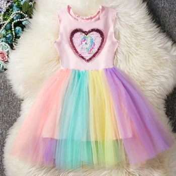 baby dresses cheap 2022 New Unicorn Girls Dress Spring Full Sleeve Cartoon Star Lace Mesh Cute Princess Dresses For Girl Children Birthday Present baby girl doll skirt Dresses