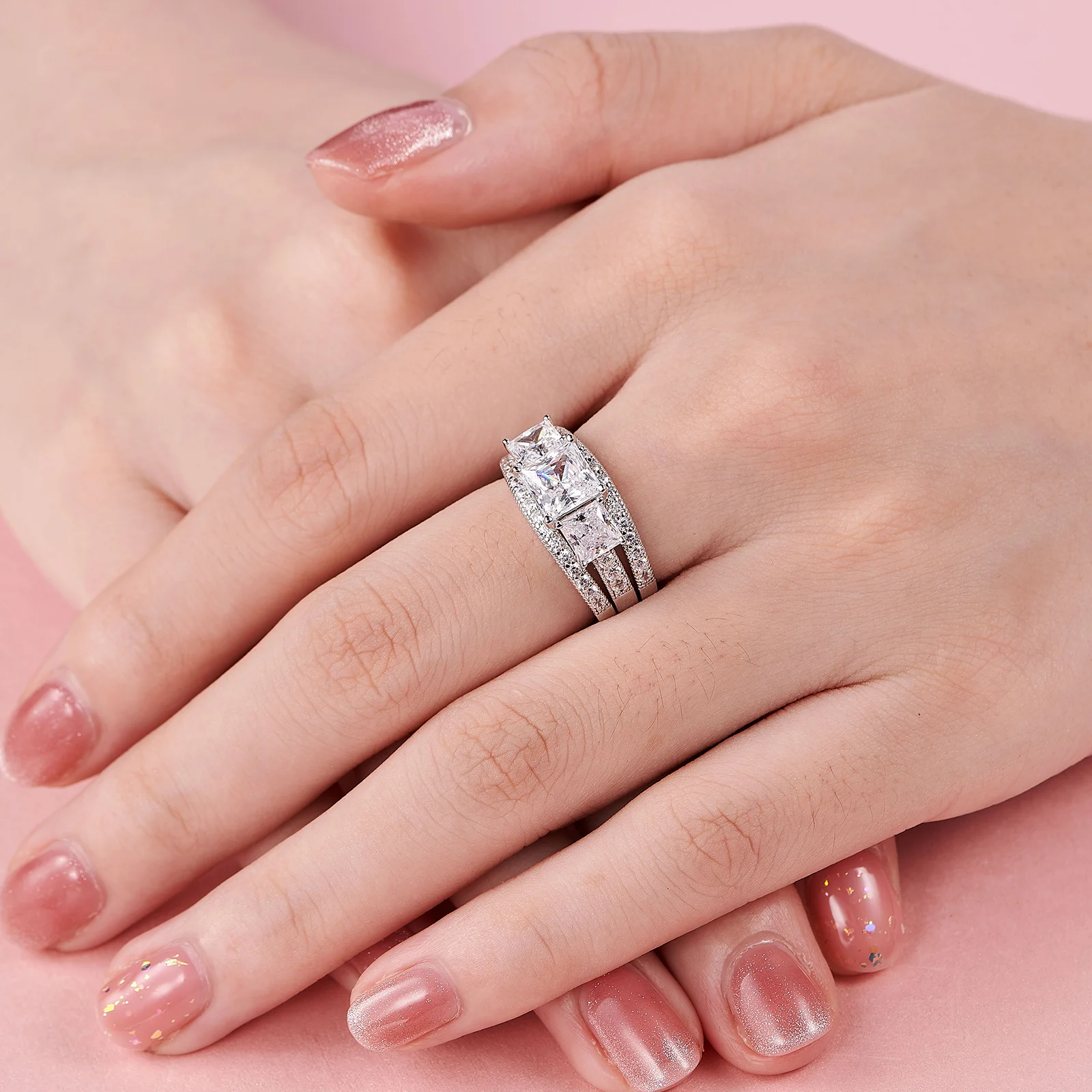 Three Stone Princess Cut Engagement Ring With Wedding Band Buy