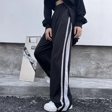 

Sports Pants Women's 2022 New College Style Wide Leg Pants Spring Striped Loose Straight High Waist Floor Length Pants