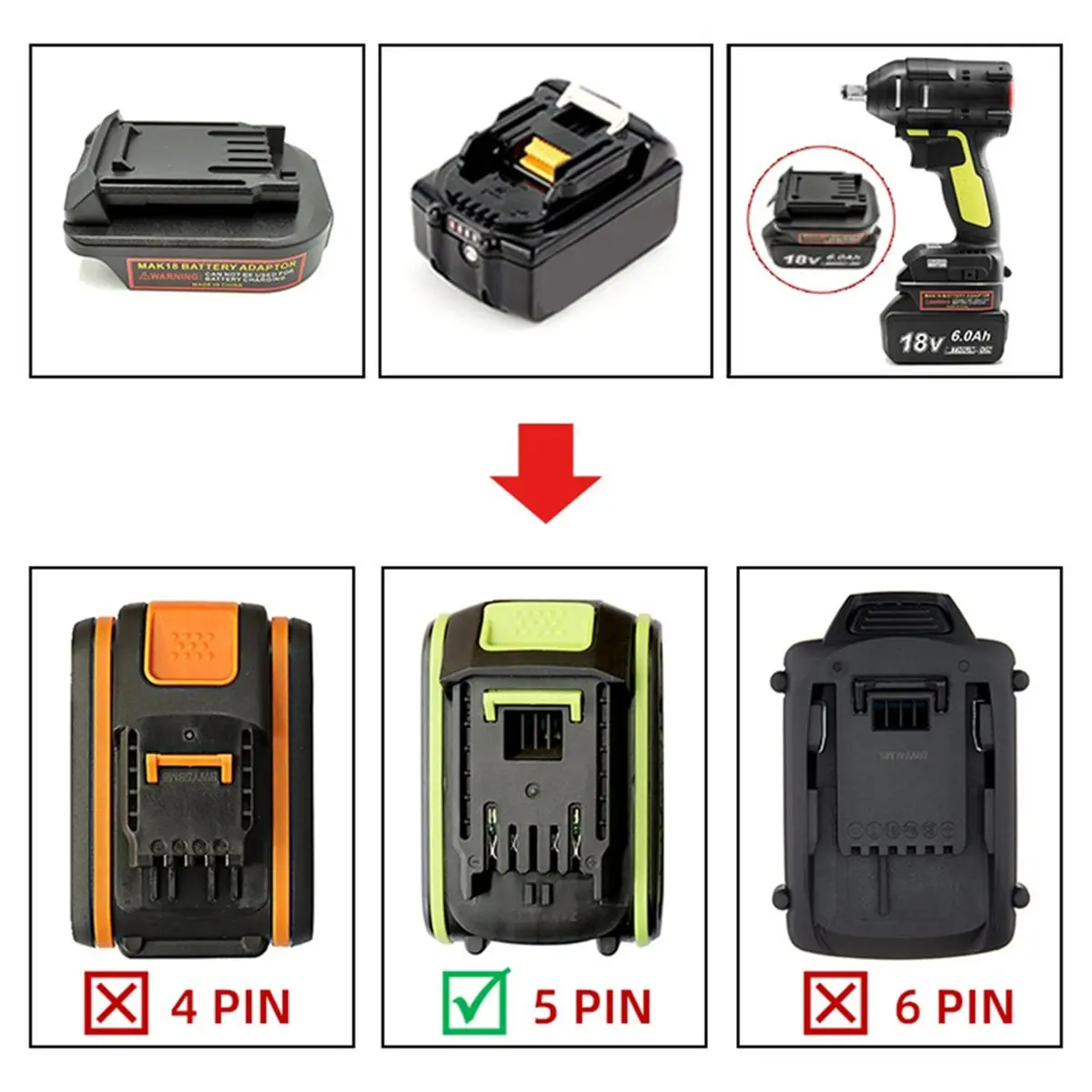 A10R 배터리 도구 어댑터 변환기(마키타 18V 리튬 배터리용) - 워크스 20V 리튬 이온 배터리 5핀 전동 공구용