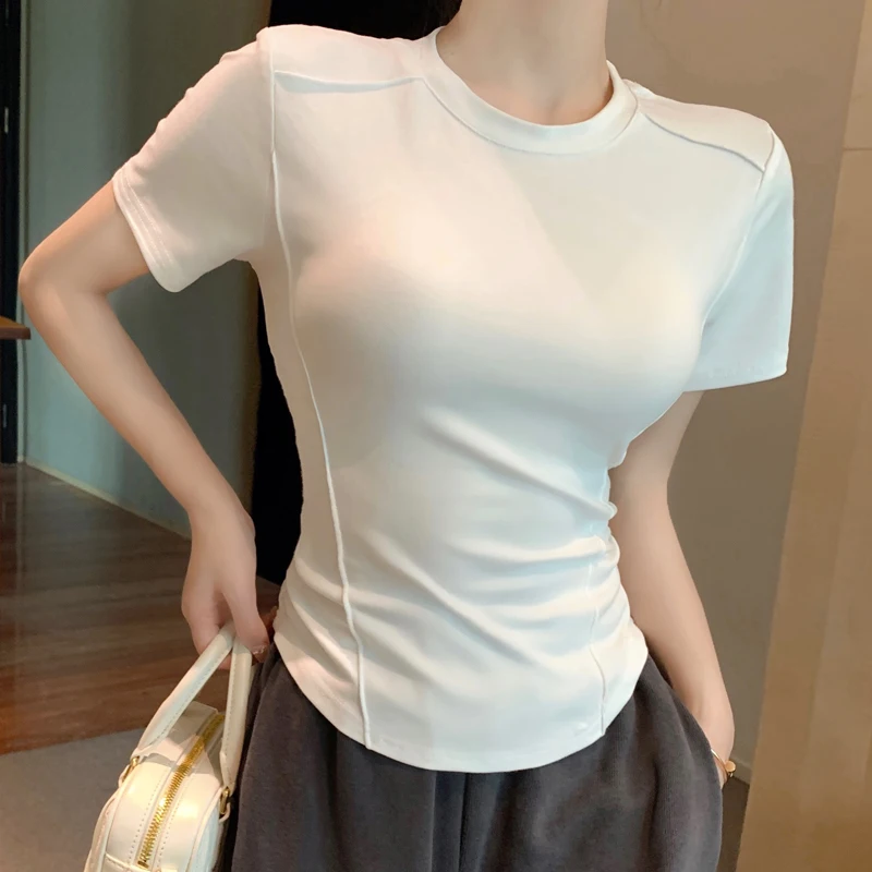 

2023 Fashion Lady Cotton Spandex T-shirt Short Sleeves Slim Fit Round Neck
