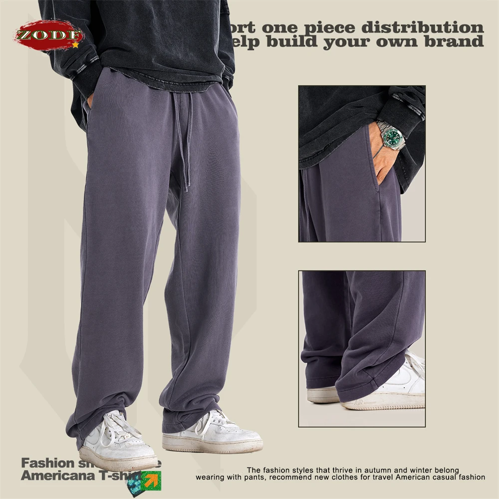 ZODF Retro 2024 Men Autumn Washed 380gsm Cotton Pants Unisex High Street Basic Oversized Solid Sport Straight Trousers HY0885 3