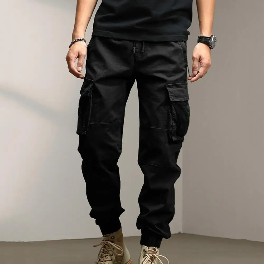 Men Solid Color Pants Men's Cargo Pants with Ankle-banded Design Multiple Pockets Elastic Waist for Sports Comfortable Wear