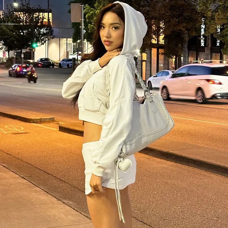 Autumn Fashion Hoodie 2 Piece-Set Skirt Female Cropped Zipper Cardigan Top And Skirt Sets Tracksuit Women's Sexy Outfits