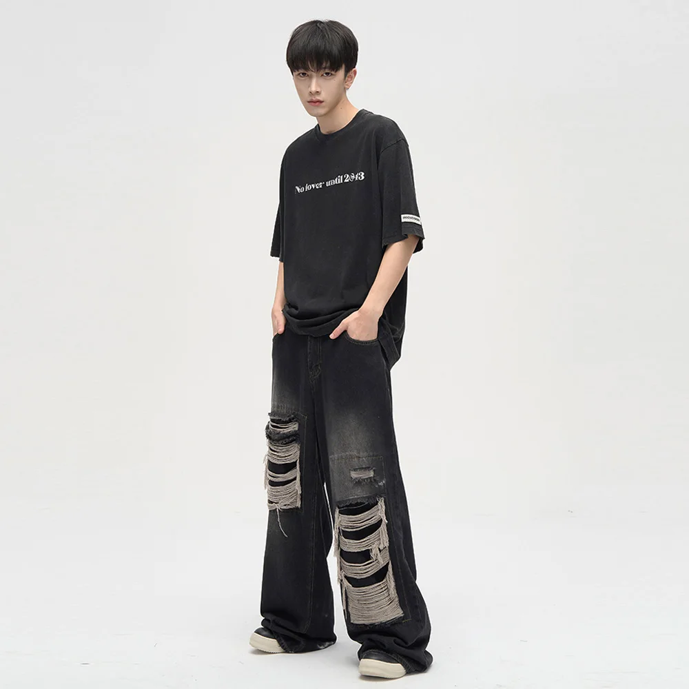 Men's Ripped Black Jeans Harajuku Wide Leg Pants Denim Baggy Y2K Cargo Pants Streetwear Koean Style Clothes Gothic