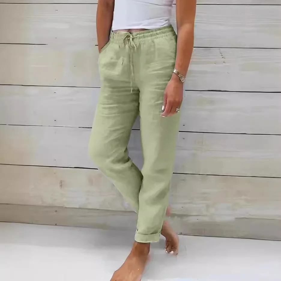 Summer Elastic Waist Solid Color Cotton Hemp Wide Leg Trousers Loose Trousers Women's Wear