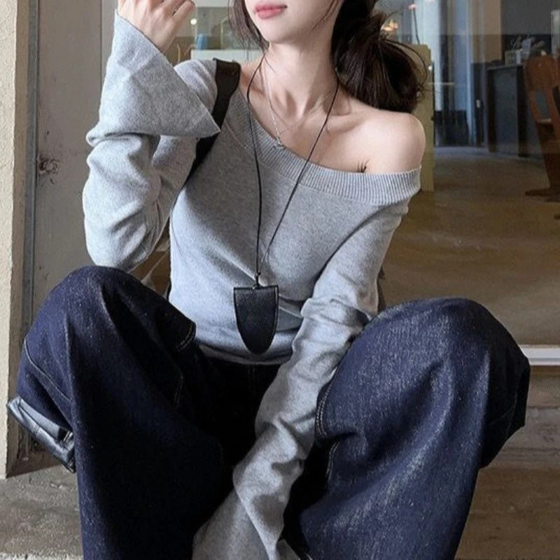 Fleece Warm Off Shoulder Long Sleeve T Shirt Women One Shoulder Fitted Basic Plain Tee Shirt Lady Split Casual Top Autumn Winter
