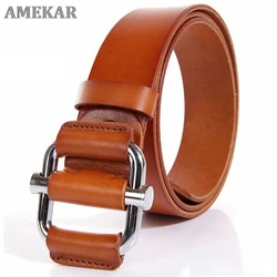 Unisex Personality Smooth Buckle Metal Belts Solid Cow Cowhide Leather No Holes Accessories Belt for Women Styles