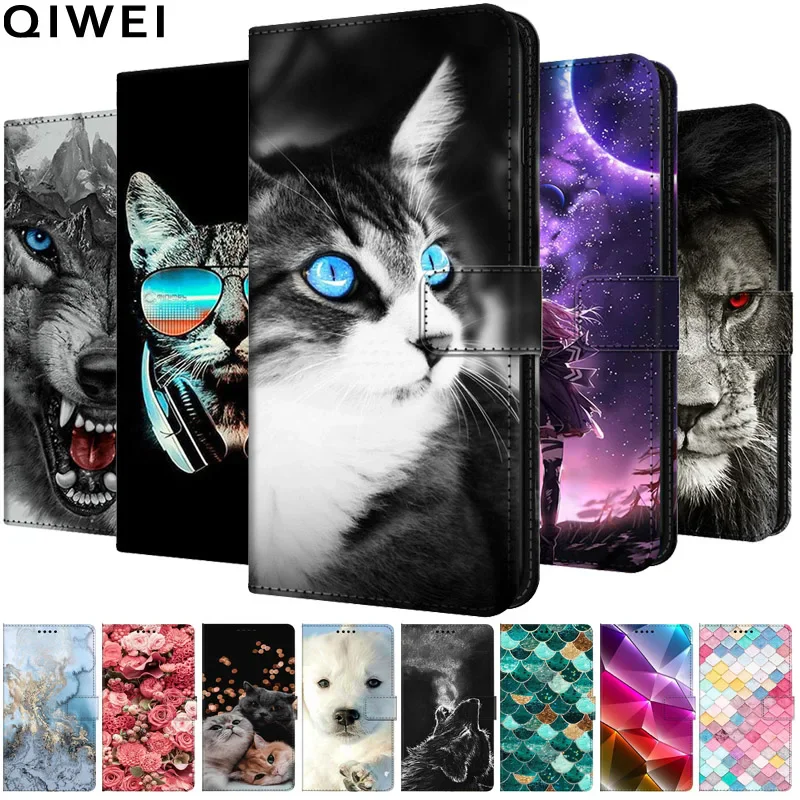 Elegant Leather Flip Phone Case with Wallet & Artistic Cat and Wolf Design