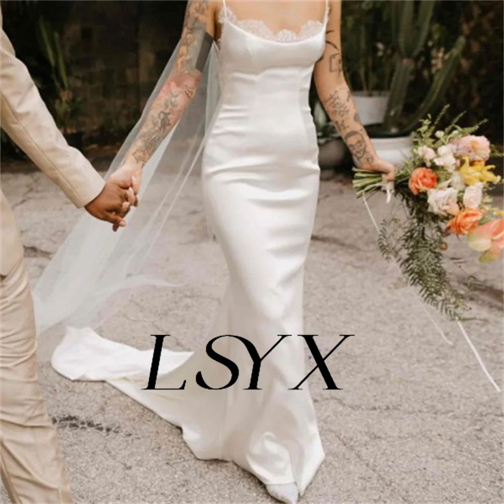 LSYX Square-Neck Sleeveless Lace Satin Mermaid Wedding Dress For Women Open Back Court Train Bridal Gown Custom Made