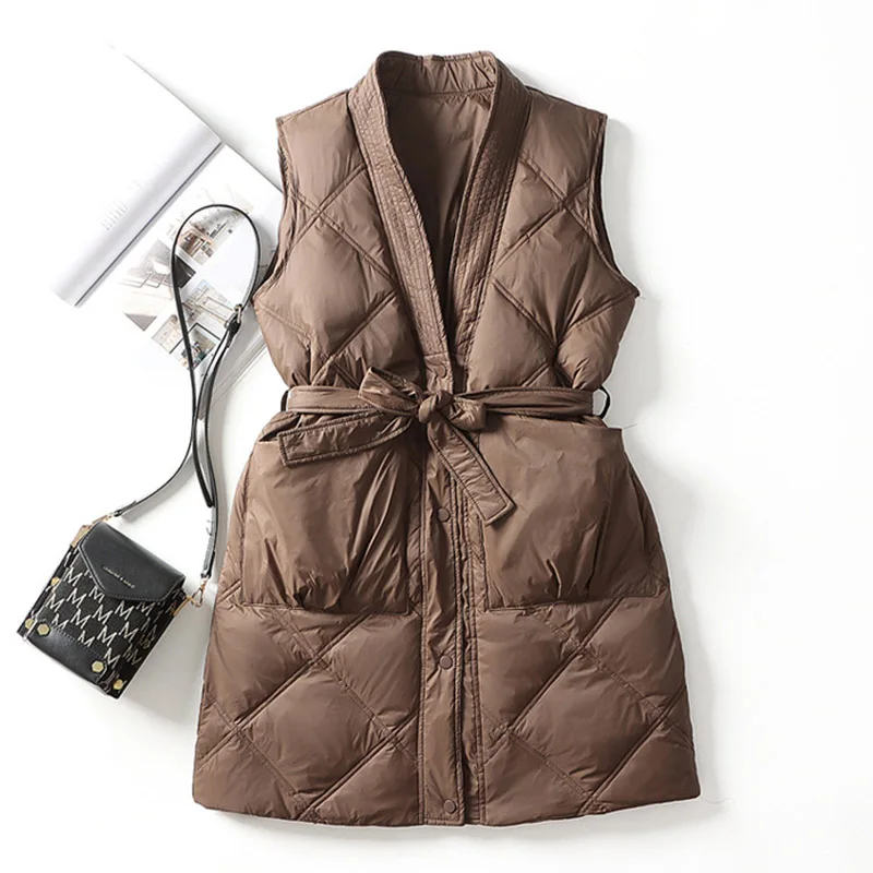 SEDUTMO Autumn Long Quilted Duck Down Vest Tunic Jacket Women Winter Feather Long Warm Basic Pocket Casual  Waistcoat ED2074