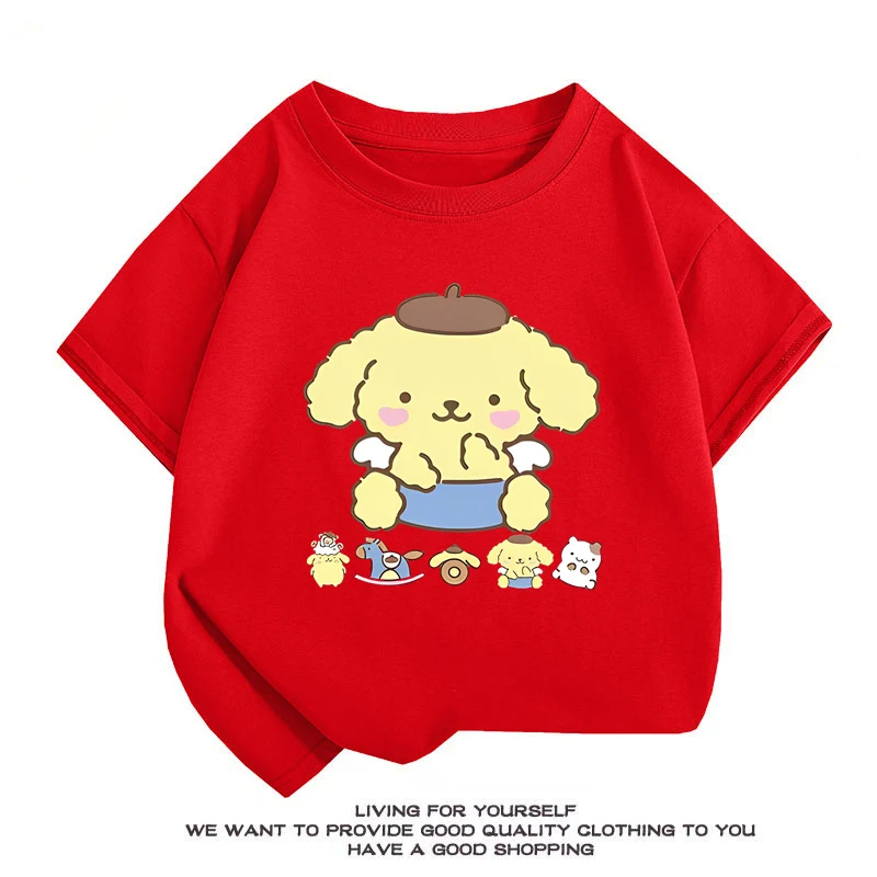 Summer New Kids Sanrio Cartoon Print T-shirt Pompompurin Children's Short sleeved Top O-Neck 100Cotton Boys And Girls Tee shirts 4