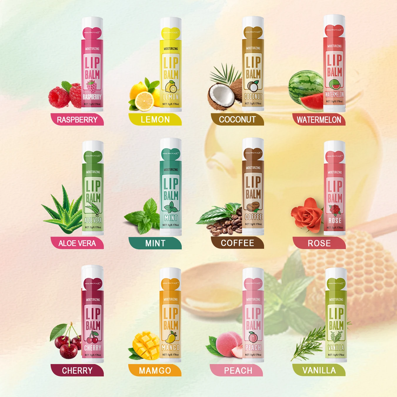 24PCS/ box 12 kinds of flower and fruit lip balm set Gift