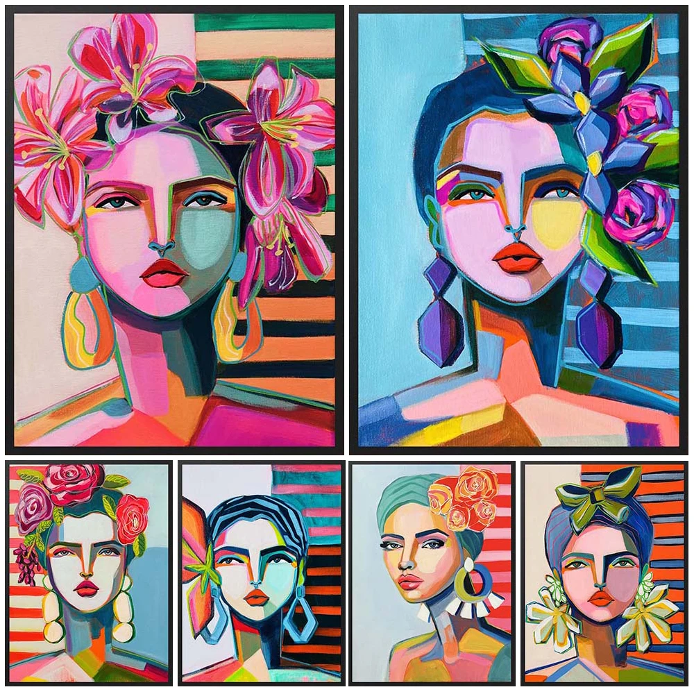 

Colorful Woman Girl Poster Cartoon Portrait Wall Art Canvas Painting Home Decor Posters Wall Pictures For Living Room Unframed