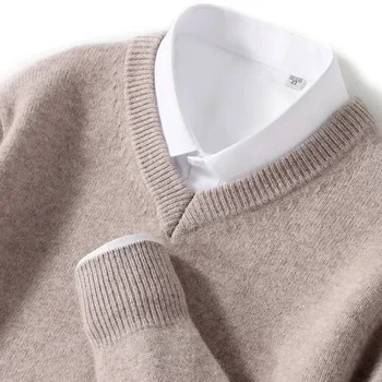 Pullover caldi in cashmere da uomo maglione con scollo a V lavorato a maglia autunno inverno top aderenti maglieria in lana maschile maglioni camicia che tocca il fondo taglie forti 1