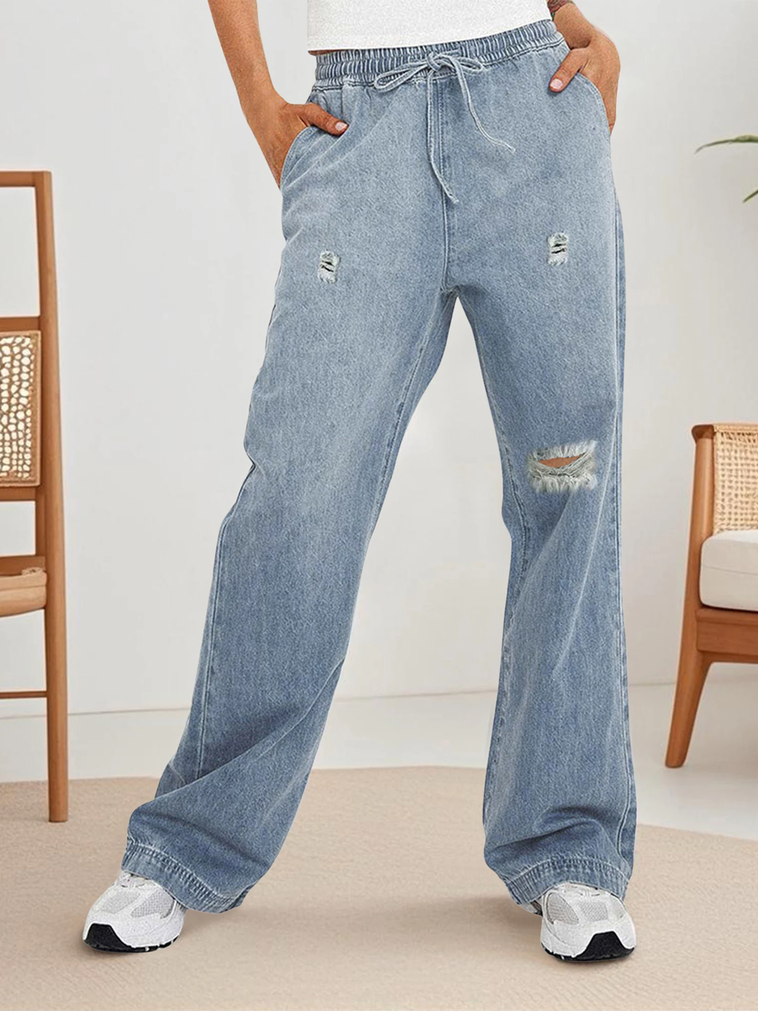 Women s Distressed Oversized Denim Trousers with Adjustable Drawstring Waistband and Spacious Pockets for a Relaxed Look