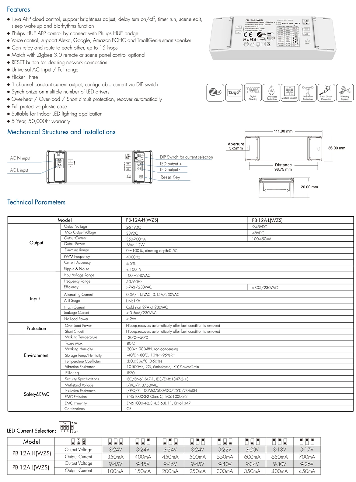 canal *(100-450mA) DC9-45V 12W Zigbee driver LED atual constante